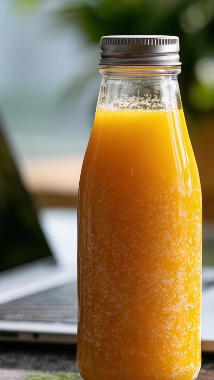 Succo d'arancia appena spremuto in una bottiglia di vetro, immortalato in un ambiente luminoso e invitante, perfetto per un inizio di giornata sano o come scelta di bevanda rinfrescante.