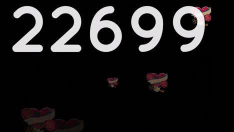 digital animation of increasing numbers over multiple heart icons falling against black background