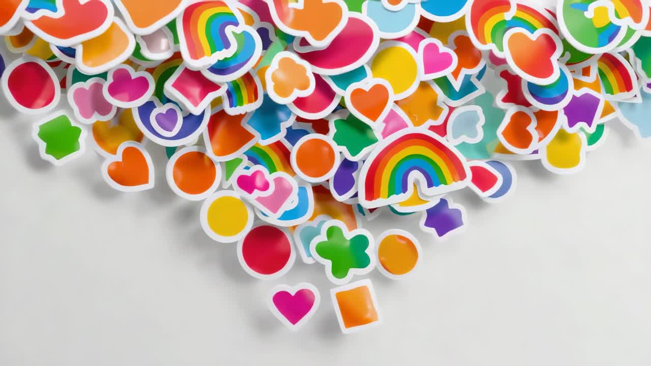 Stickers med stansade former glider in i bild och bildar ett kluster som landar på en vit yta med regnbågar