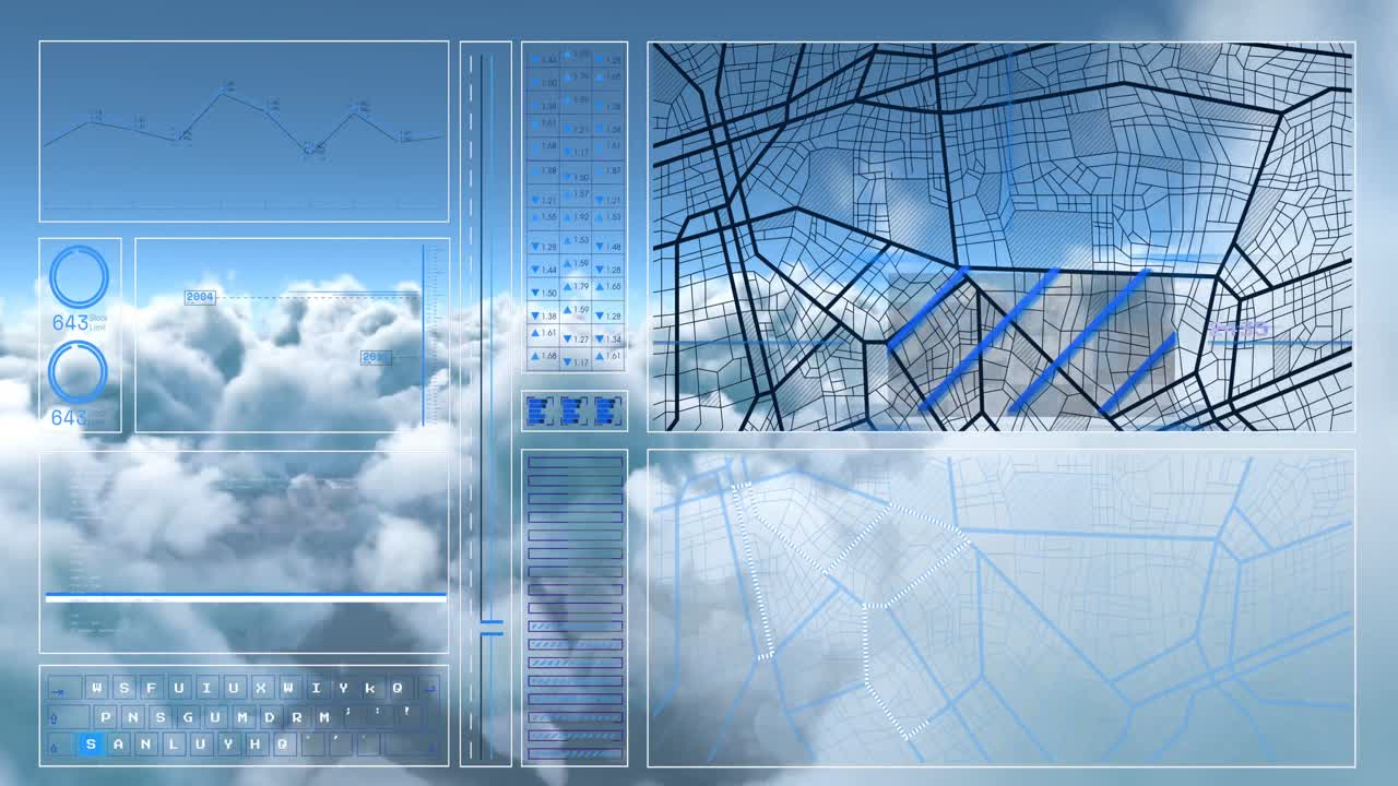 Animation of interface with data processing against clouds in the blue sky