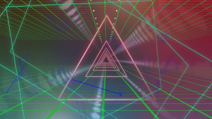 Appearing triangular wireframe racing, streaming dotted lights in neon grid tunnel, creating depth