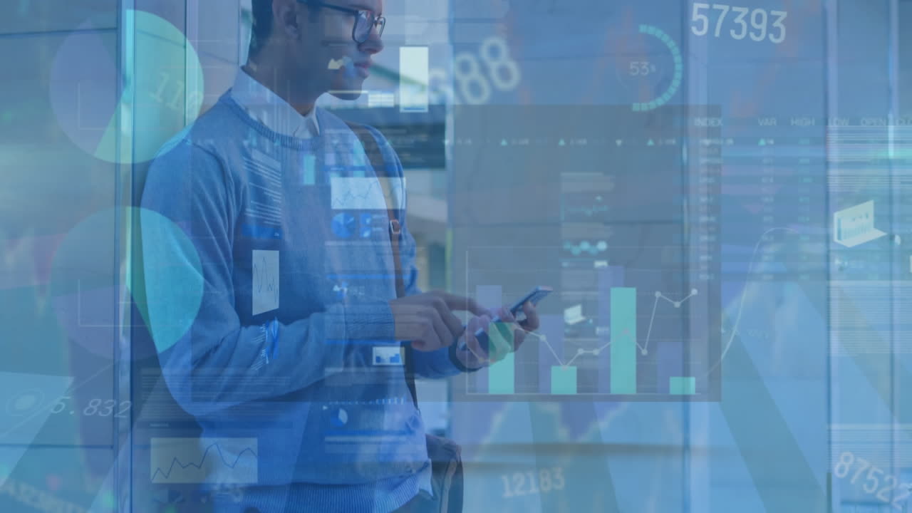 Animation of financial data processing over man using smartphone