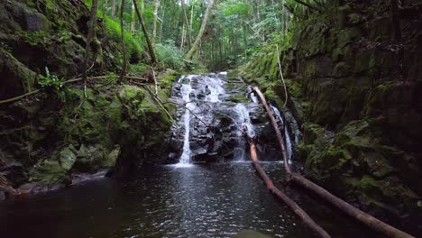 drone shot of lost waterfall indise the forest on mahe island, seychelles