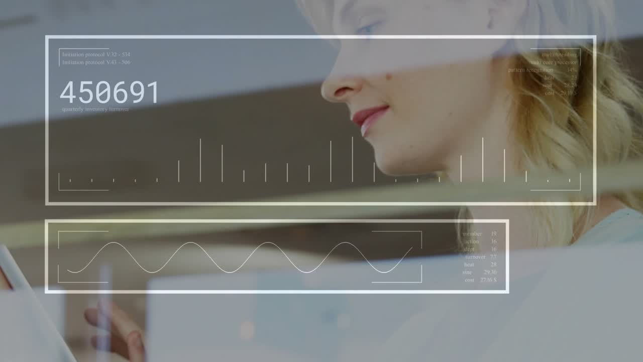 Woman tapping tablet, activating technology HUD showing waveform metrics tracking progress