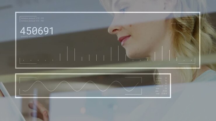 Woman tapping tablet, activating technology HUD showing waveform metrics tracking progress
