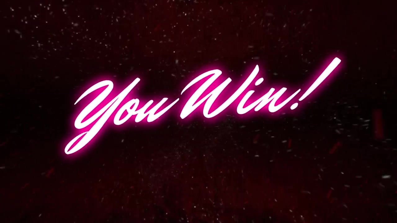 Animazione di un banner di testo "you win" rosa neon con particelle bianche che volano su sfondo rosso