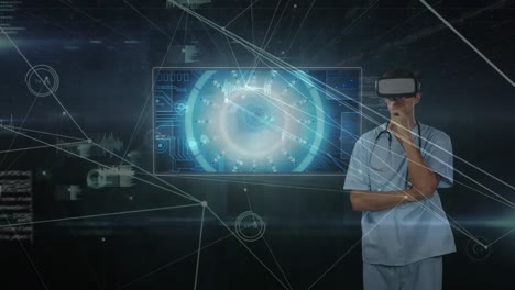 animation of network of connections and data processing over doctor wearing vr headset