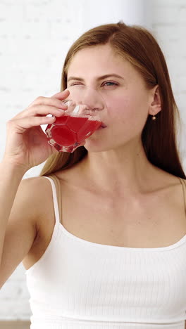 the girl takes a glass of freshly squeezed fruit juice and drinks with pleasure. vertical video