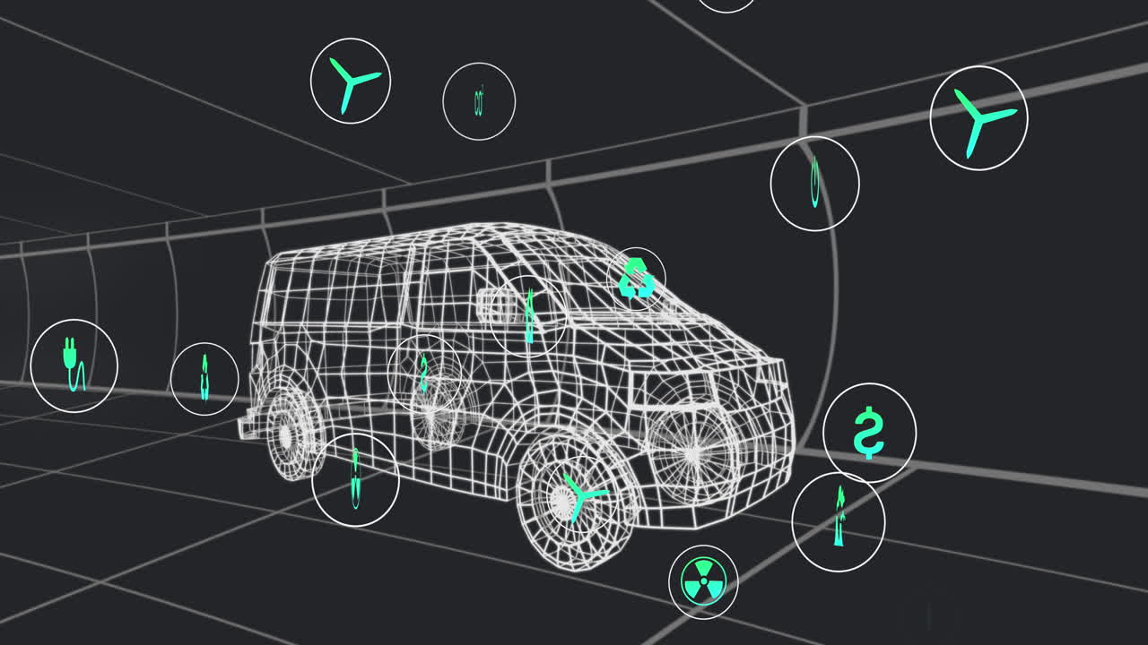 검은색 배경에 원활한 패턴으로 움직이는 3d 밴 모델 위의 여러 디지털 아이콘의 애니메이션