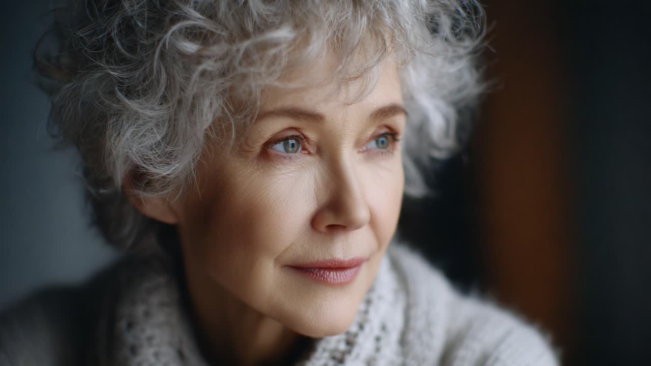 A Thoughtful Moment: Reflecting Elegance and Wisdom in the Gaze of an Elderly Woman with Curly Hair and Warm Expression Captured in Soft Light