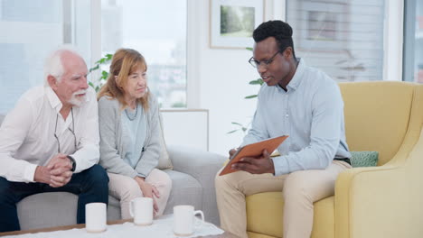 senior, couple and tablet talk for insurance