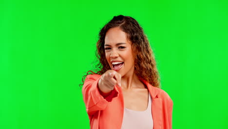 Excited,-happy-and-pointing-with-woman-in-studio