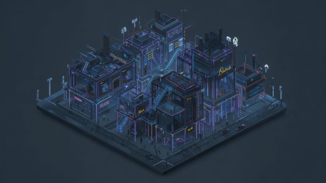 Orbiting camera circling compact urban block at night, revealing neon strips and showing staircases
