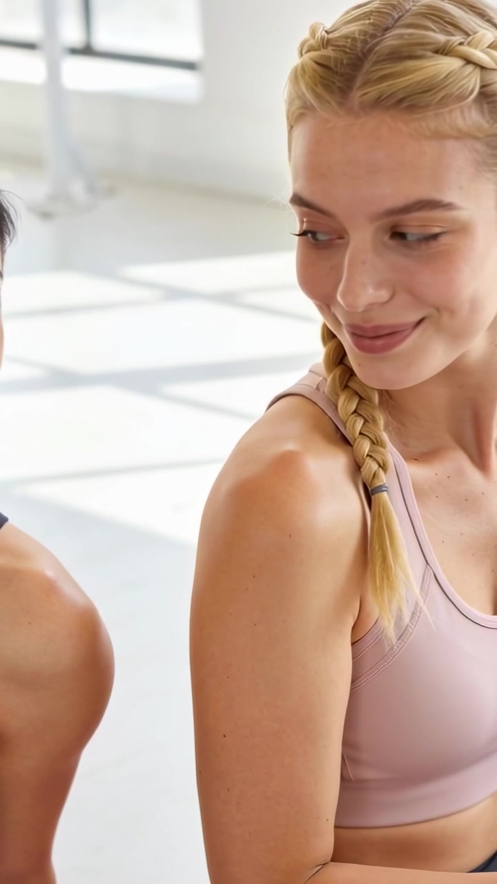 Vertical video: Noticing partner braided blonde in mauve sports bra turning and smiling in studio