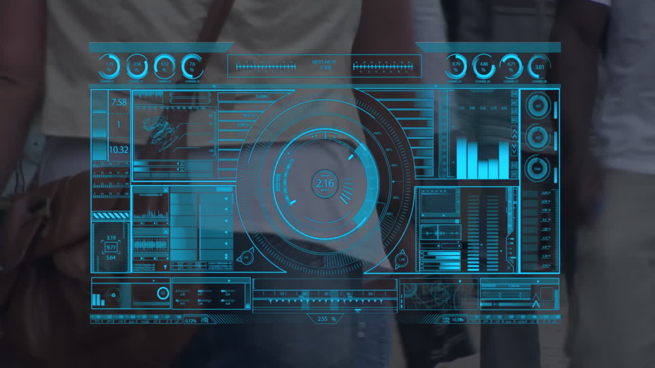 Digital animation displaying data analytics over people walking in school outdoors
