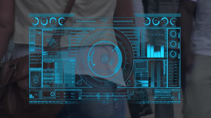 Digital animation displaying data analytics over people walking in school outdoors