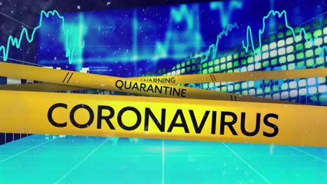 animation of words warning quarantine coronavirus on yellow tapes over stock market display