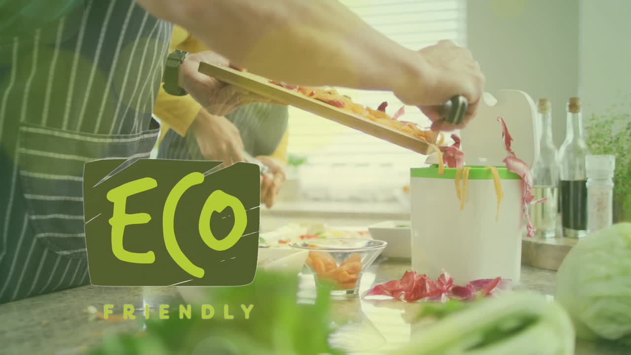 animación de texto ecológico sobre una pareja diversa preparando una comida saludable en la cocina