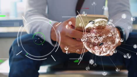 Animation-of-globe-and-data-processing-over-biracial-men-using-smartphone