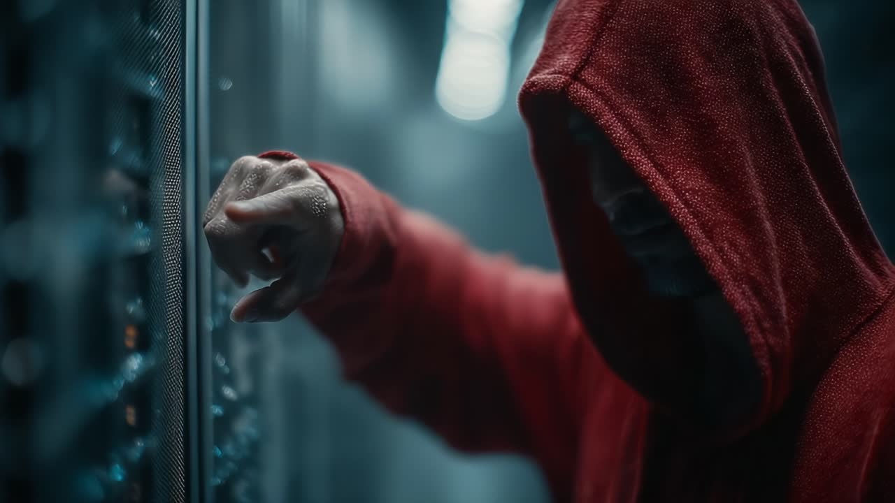 A Mysterious Figure in a Red Hoodie Interacting with a High-Tech Server Room, Emphasizing Intrigue and Suspense in a Digital Environment