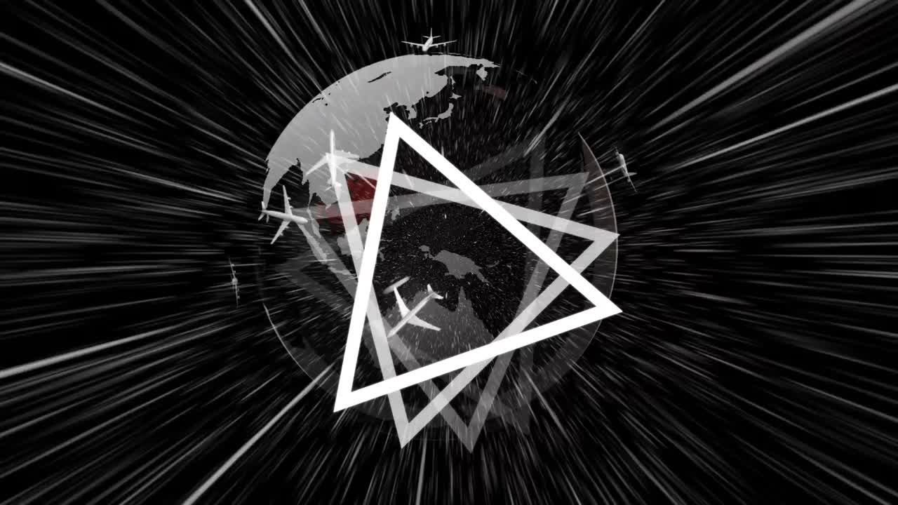 Triangular shapes and plane icons flying over globe against light trails on black background