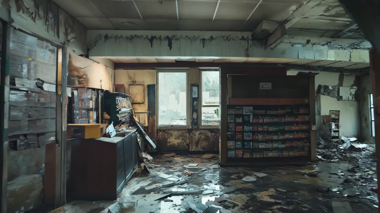 Deserted bookstore interior revealing profound neglect, wooden shelves crumbling and books lying haphazardly across floor, highlighting gradual deterioration and silent passage of time