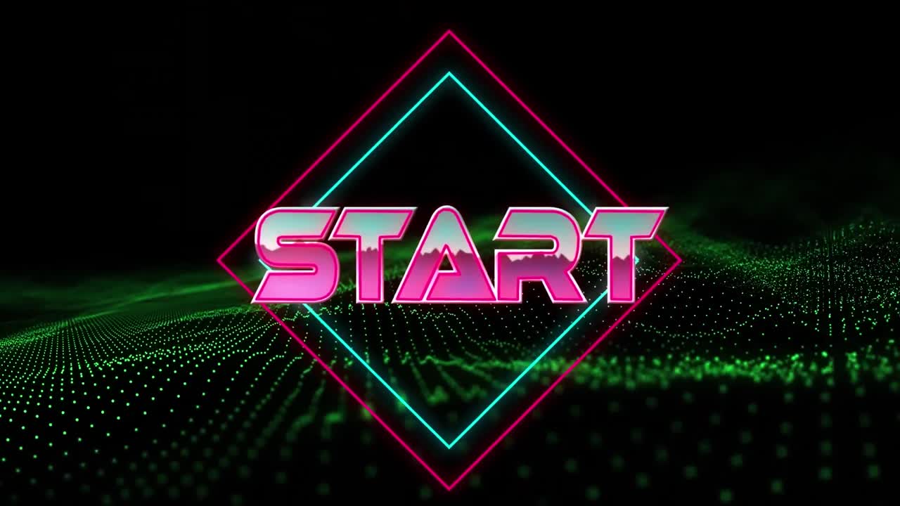 Animation of start text over geometrical moving shapes and wave
