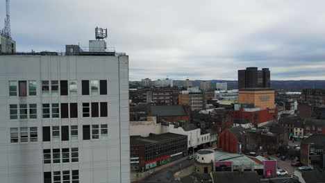 aerial view of high rise tower blocks, flats built in the city of hanley, stoke on trent to accommodate the increasing population, council housing crisis, immigration housing