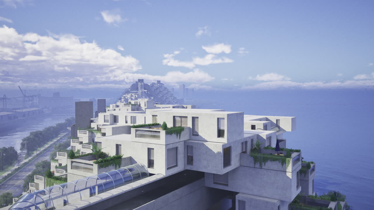 Modern architecture overlooking the sea in a vibrant coastal city