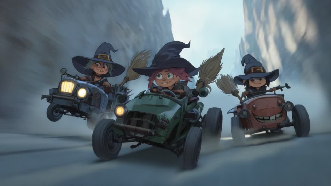 Three animated witches race in whimsical vehicles, showcasing their vibrant personalities and magical theme in a charming, dynamic cartoon scene with thrilling action and adventure