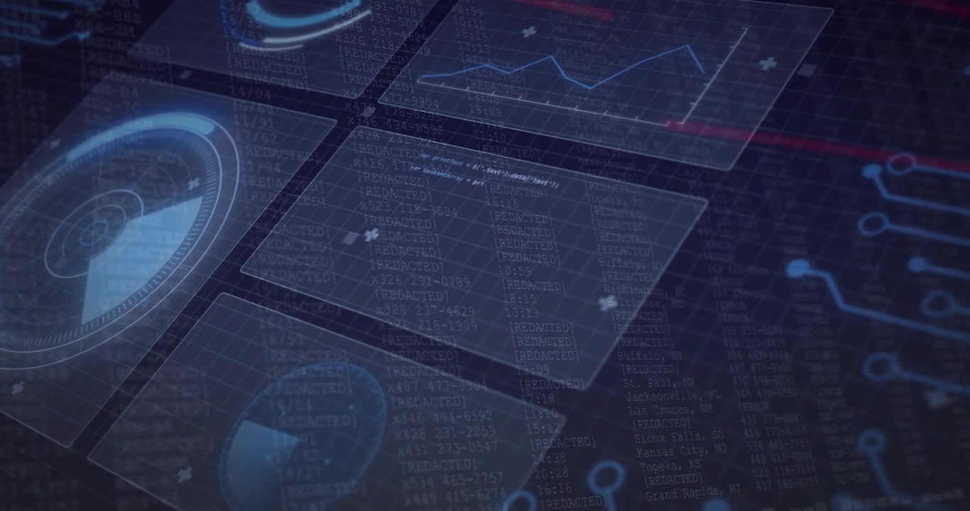 Thin red scan line entering from top sweeping over holographic panels updating data visuals