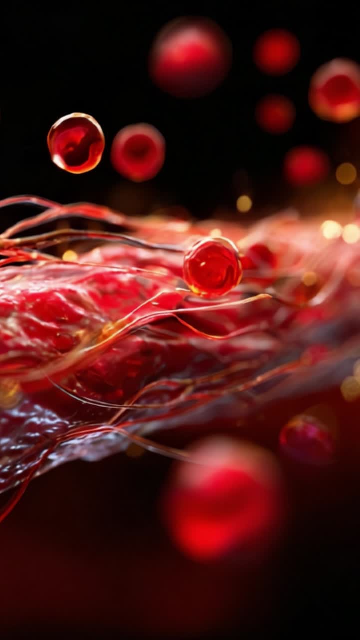 Dynamic Close-up of Red Blood Cells Flowing Through Vessels with Glowing Particles and Vivid Colors Captured in High Detail and Stunning Visuals