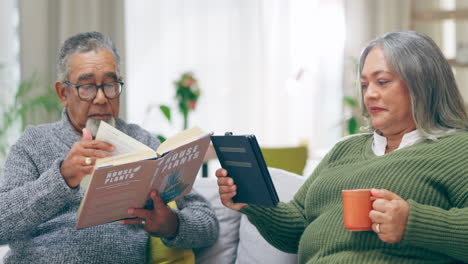 Relax,-reading-and-coffee,-old-couple-on-sofa