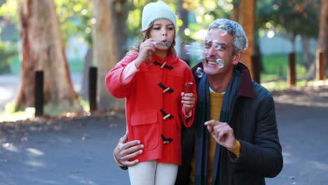 father and daughter blowing bubbles