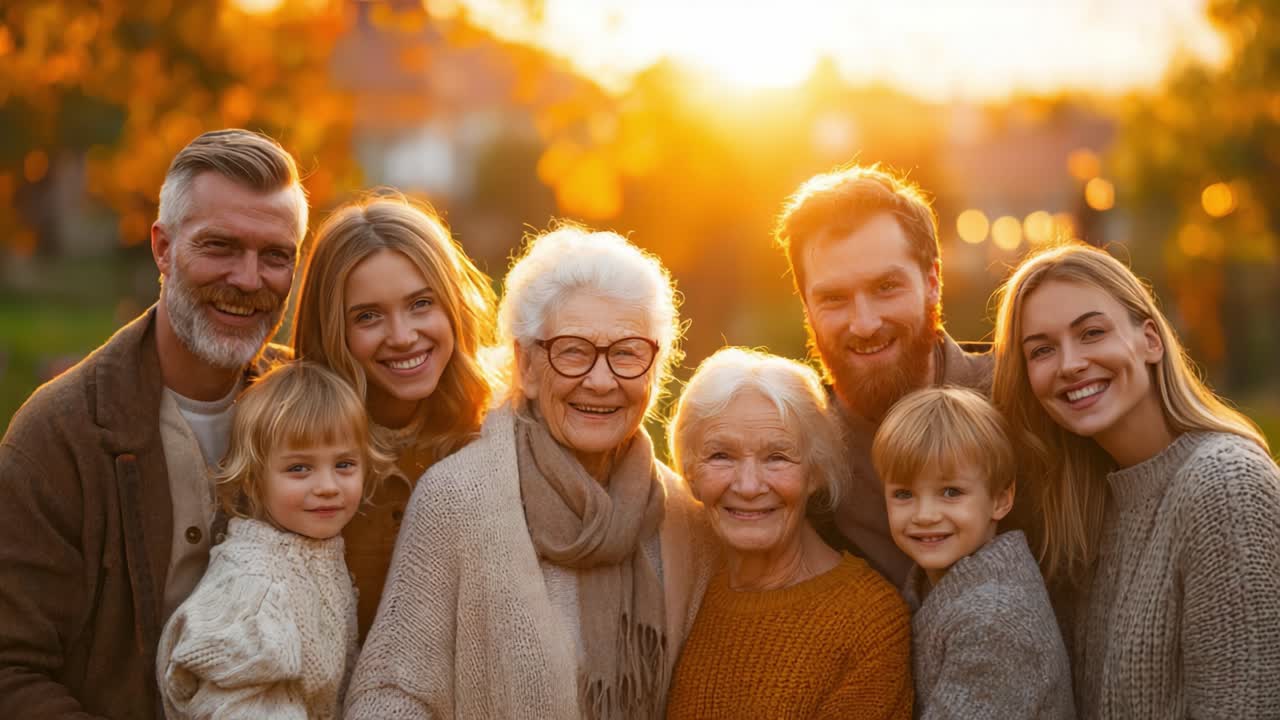 A Joyous Family Gathering in Autumn: Cherishing Moments Together Amidst the Warm Golden Glow of Nature's Beauty