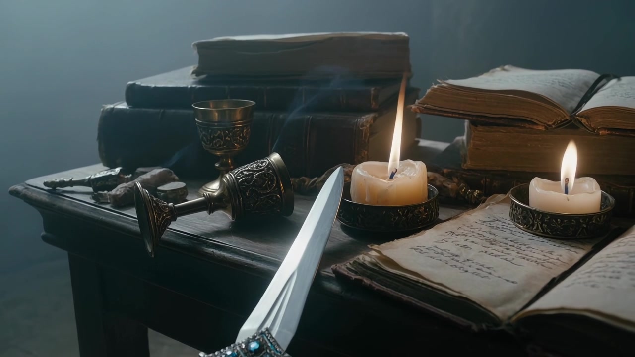 Entering frame dagger blade edging toward candle in dim study, with open journal and fallen goblet