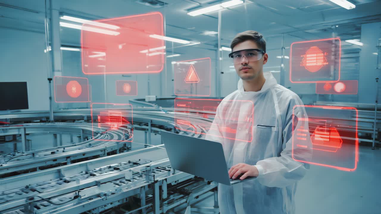 Factory worker using technology for data analysis on a conveyor belt production line