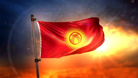 kyrgyzstan flag backlit at beautiful sunrise loop slow motion 4k