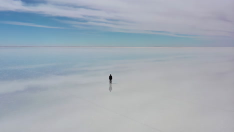 person standing in the middle of a vast salt flat