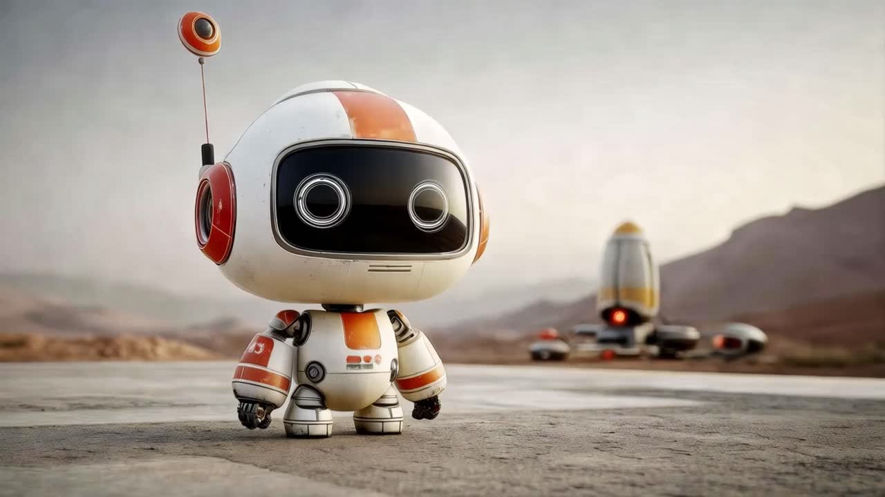 Cute Robot Exploring a Futuristic Space