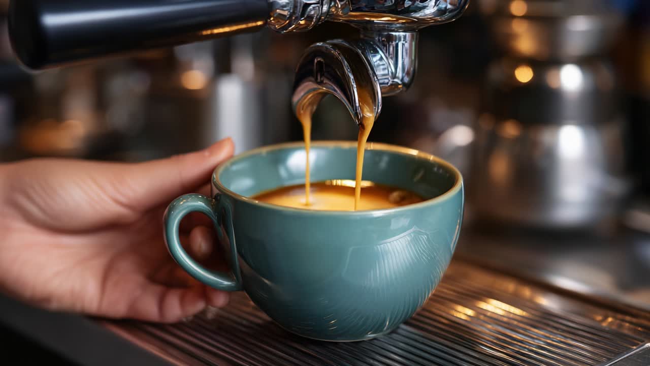 A Perfect Coffee Moment: Capturing the Art of Espresso as It Flows into a Beautifully Crafted Cup, Showcasing Rich Aromas and Bold Flavors in a Barista's Skillful Hands