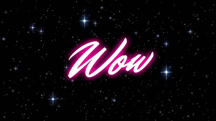 Animation of wow text over stars on black background