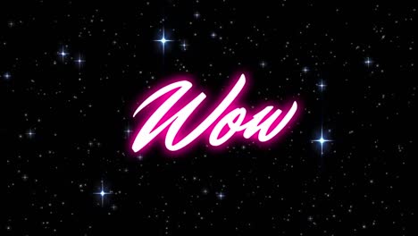 animation of wow text over stars on black background