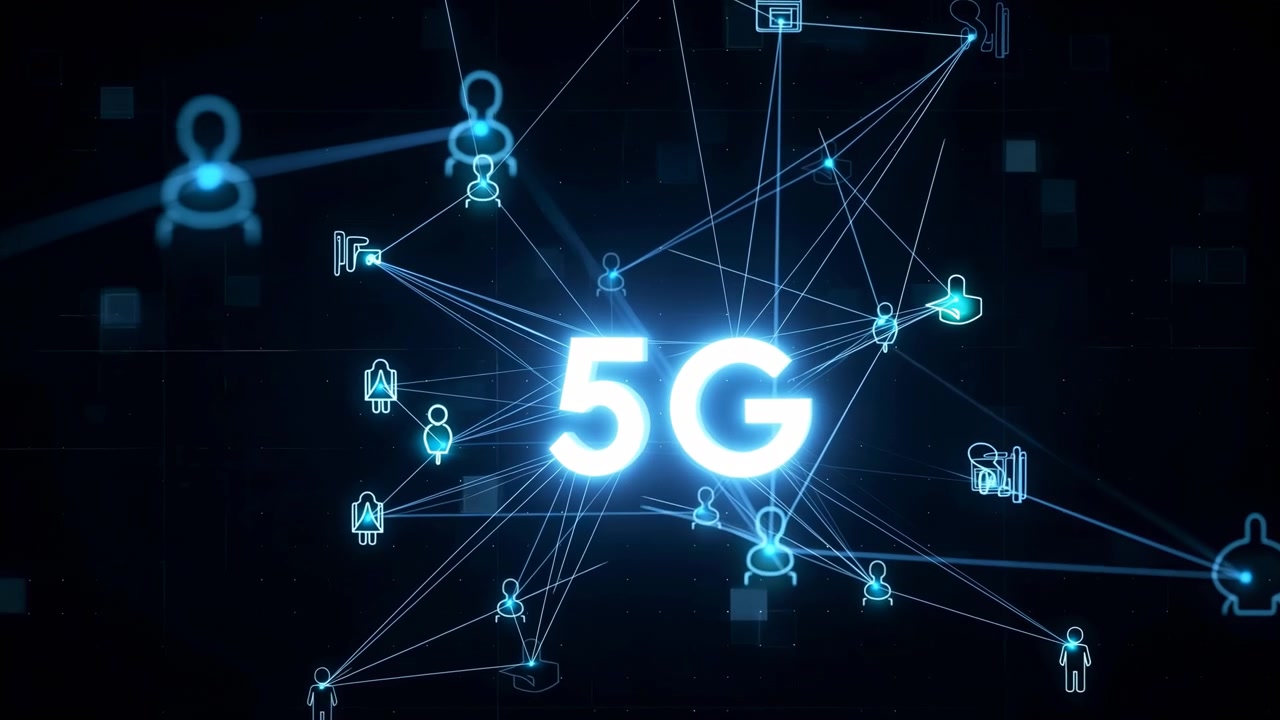Un testo 5G luminoso risplende al centro di una scena digitale scura, con sottili linee di connessione che si estendono verso l'esterno verso icone utente e nodi dati, creando un'atmosfera futuristica