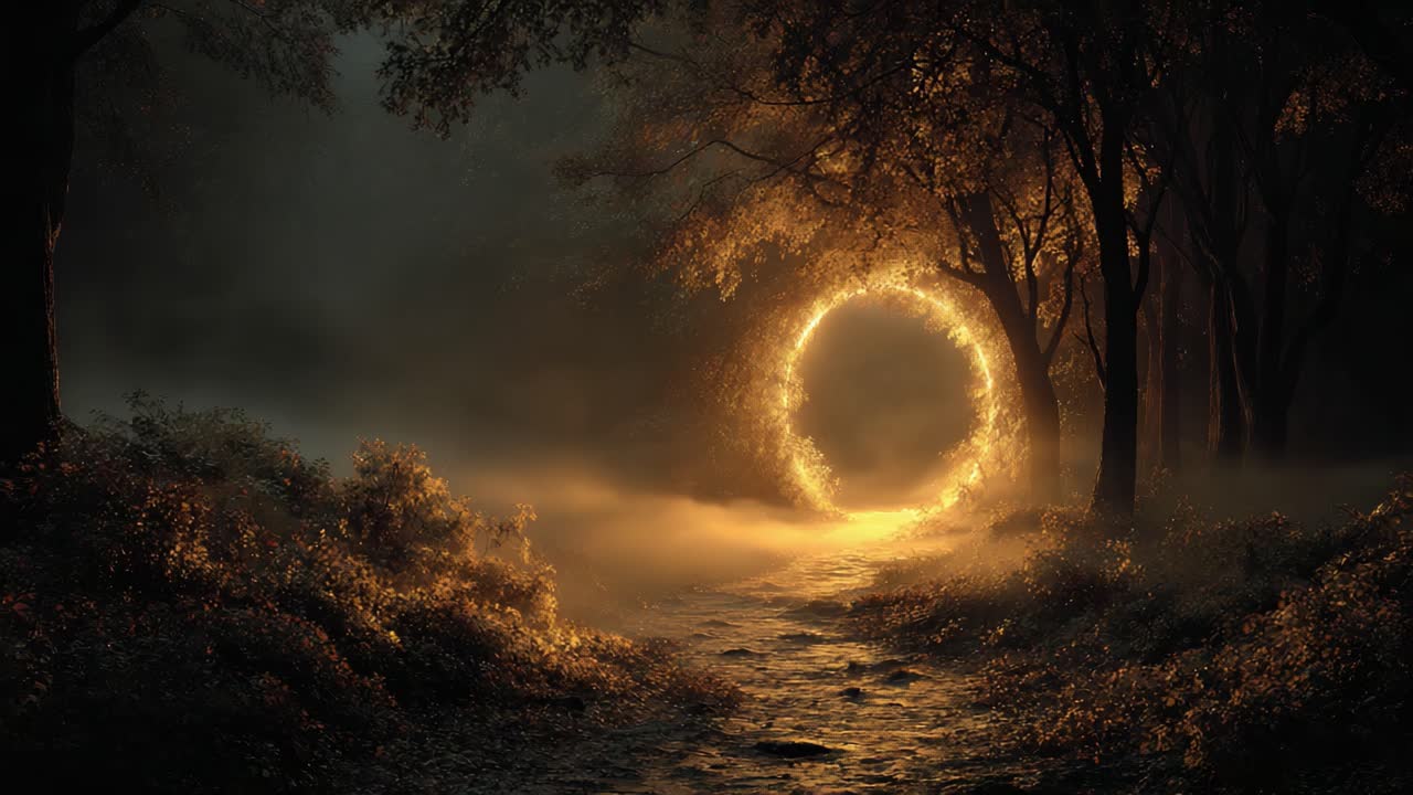 A Mystical Journey Through a Glowing Portal in a Foggy Forest at Dusk, Where Nature Meets Enchantment and the Unknown Beckons