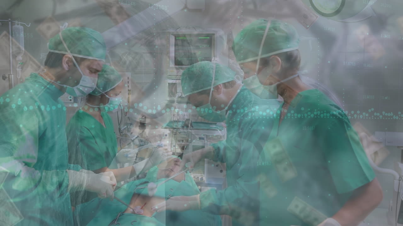 animación del procesamiento de datos y células virales sobre diversos cirujanos durante la cirugía