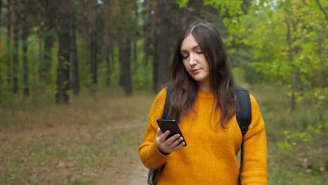 el turista bonito mira la pantalla del teléfono celular en el bosque verde