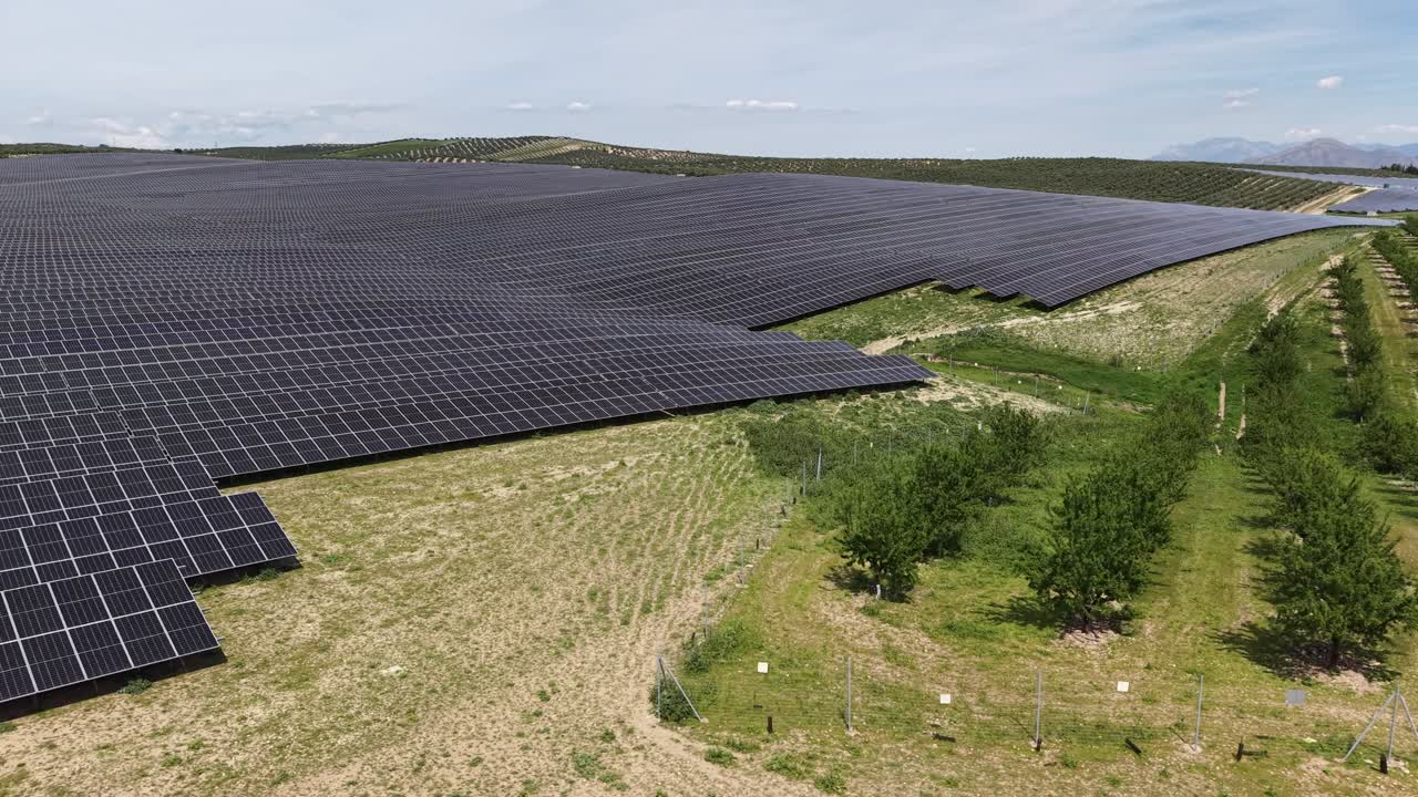 Et sporingsdronebillede, der bevæger sig langs kanten af et storstilet solcelleanlæg ved siden af landbrugsmarker og oliventræer i Pinos Puente.