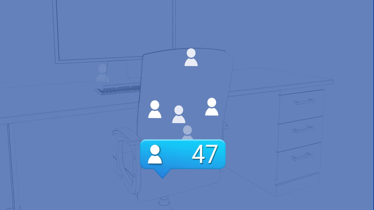 Animation of office chair with user icons and number 47 in notification bubble
