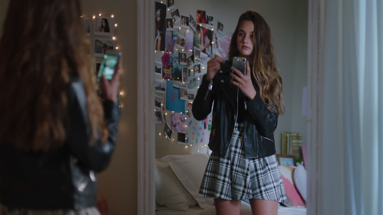 아름다운 십대 소녀가 스마트폰을 사용하여 셀카 사진을 찍고 거울에 포즈를 취하고 소셜 미디어에서 세련된 패션을 공유하고 집에서 주말을 즐기고 십대 자아 이미지